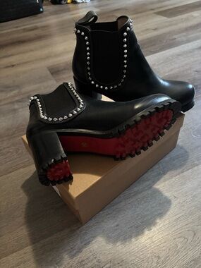 Christian Louboutin Black Leather Studded Chelsea Ankle Boots with Red Soles